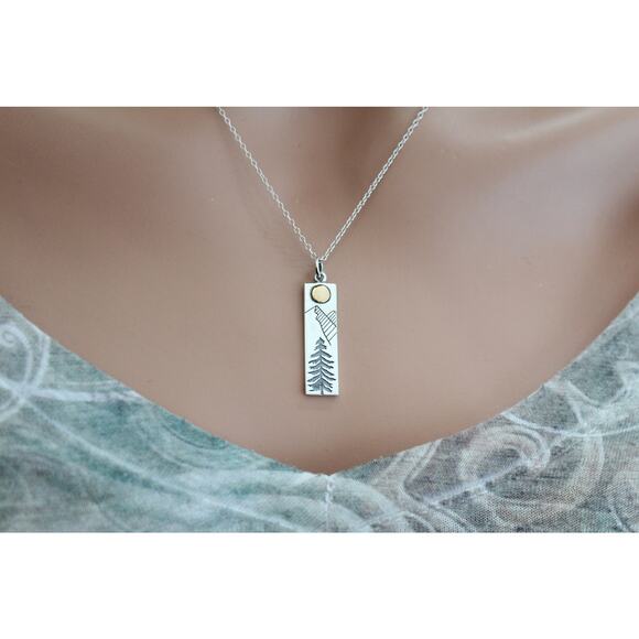 Sterling Silver Pine Tree Charm with Bronze Sun Necklace - Picture 2 of 4